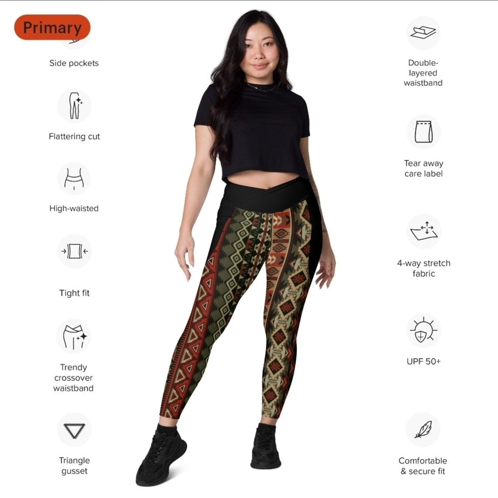 Native American Women's Tribal Patterned Leggings - Black and Brown Medium
